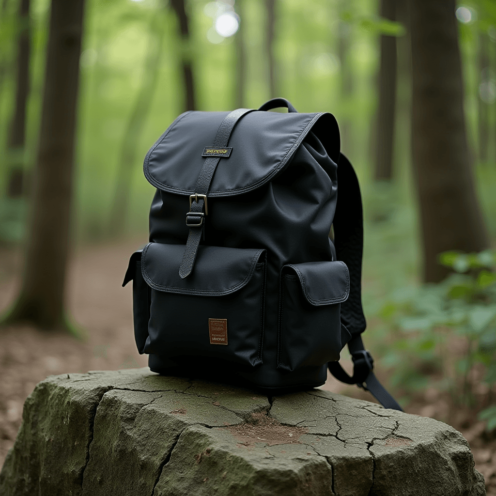 A black backpack placed on a rock in a lush green forest setting.