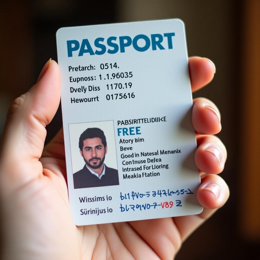 Passport ID card displayed in a hand. The card provides personal details for identification. Background is softly blurred to emphasize the card. The design includes various sections typical to travel documents.