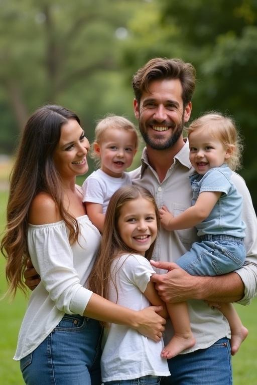 Family gathering in USA with five members. Smiling parents with two daughters and a son. Outdoor setting in San Francisco with greenery. Happy and laughing expressions enhance the scene.