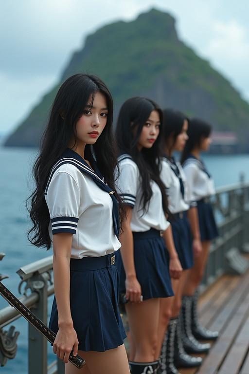 Young Japanese women with long black hair in sailor uniform. They wear thigh-high military boots. Lined up on the deck of a battleship. Katanas with European-style handles. Volcanic island in the middle of the sea.
