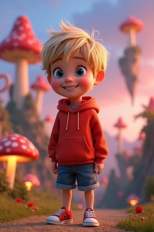3D-rendered Pixar-style animated character of an 8-year-old boy in a whimsical fantasy village. Boy has messy blonde hair and bright blue eyes. He wears a red hoodie, denim shorts, and sneakers. Background features glowing mushrooms and floating islands with a colorful sky.
