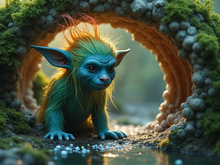 A moss-covered troll with rainbow hair stands guard over luminous pearls under a seashell bridge in an enchanted forest. The scene features intricate details and a dreamlike ethereal quality.