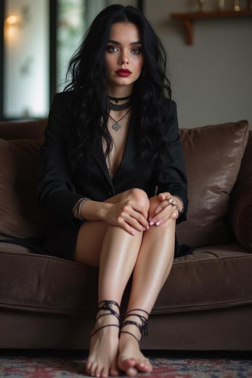 Beautiful adult Caucasian goth woman with long wavy colorful hair. Sitting on a stylish couch. Her bare feet are resting on the cushion. Chic living room setting. Wearing anklets and toe rings.