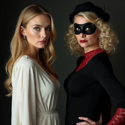 A dramatic side-by-side portrait of two women. One blonde woman looking serious in a white dress. Another blonde woman in a black beret and Zorro mask showing surprise and excitement. Tension between them.