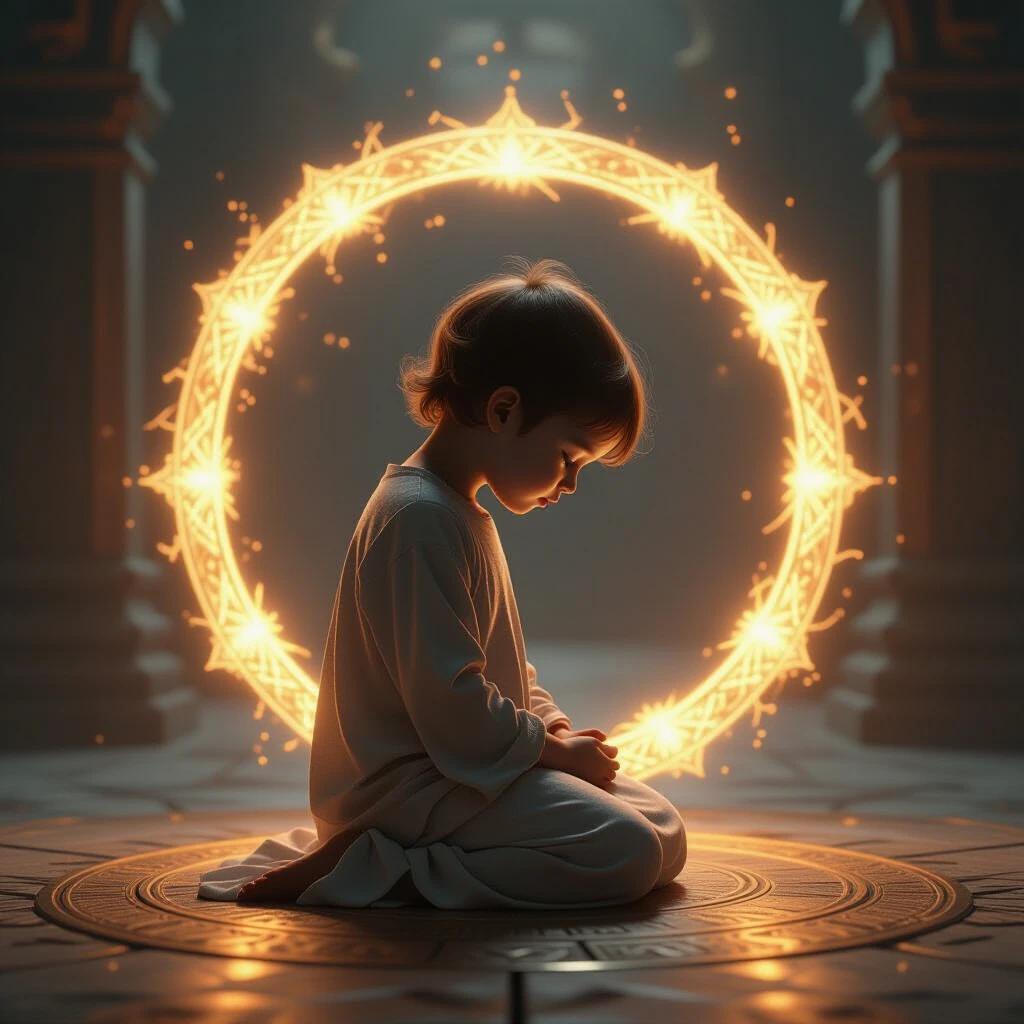Ancient esoteric page background holds a two-dimensional ethereal figure of a kneeling child. Child has head bowed in a fetal position. An ancient luminous circle surrounds the child positioned inside it. Bright lighting enhances intricate details with a hyper-realistic 3D rendering.