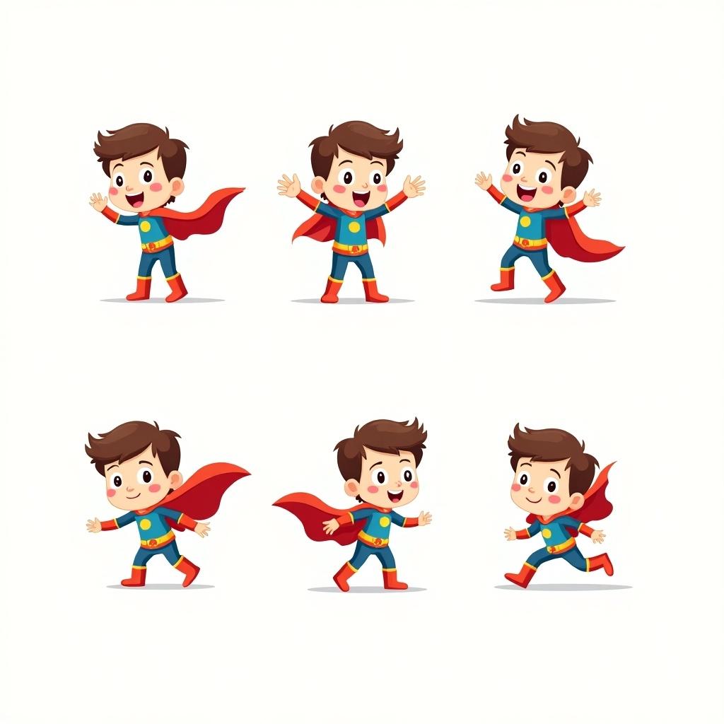 Cartoonish cute superhero character designed for a kindergarten educational book. Character shown in different movements and poses, intended to engage young children.