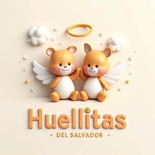 3D logo design for a children's clothing brand named 'Huellitas del Salvador'. Characters are baby animals dressed in angel-inspired clothing. Two baby footprints as icon. Surrounded by clouds or halos. Soft pastel colors for a gentle and celestial vibe. Brand name in 3D rounded joyful typography below the illustration.