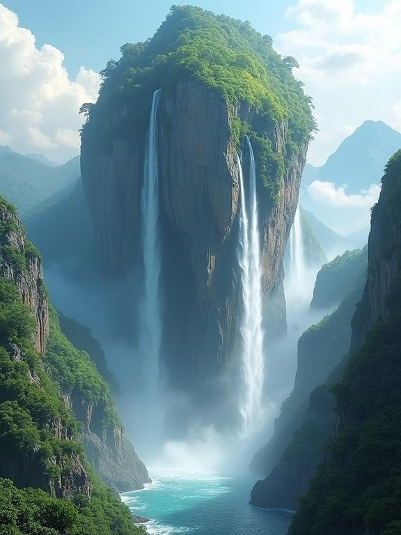 Majestic mountain suspended mid-air with crystal-clear waterfalls cascading down rocky sides into misty void. Ethereal light bathes the scene with lush greenery clinging to surface.