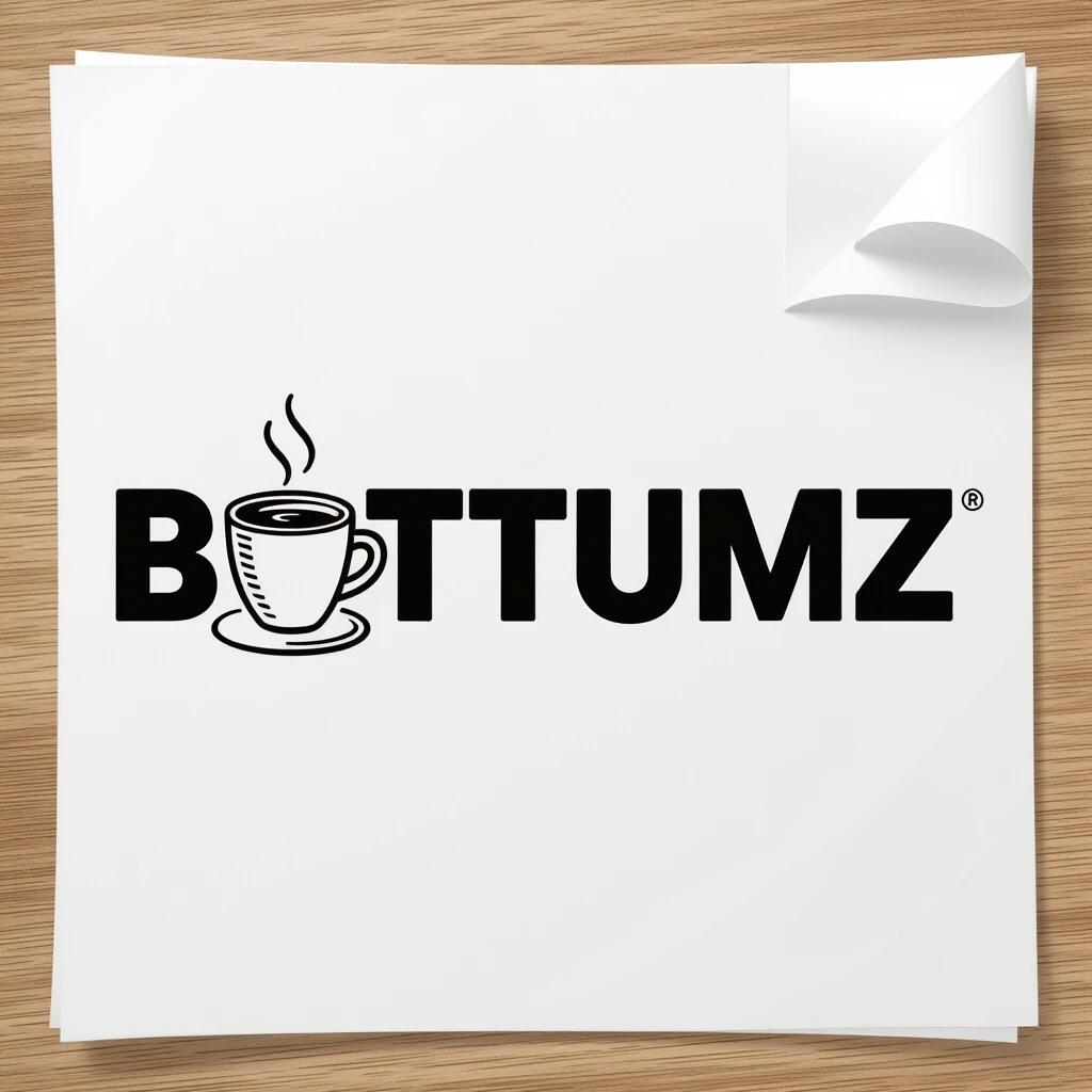 Flat vector logo on pure white background showing the wordmark bottumz. Text in ultra-bold condensed sans serif font in solid matte black. The letter u replaced with a tilted white paper coffee cup with a thin black outline. The cup has ripple-wall texture. A small white tab with text what's in your bottumz? in black sans.