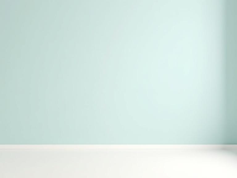 Bright studio-like background features smooth matte white floor and pastel gradient wall in pale blue and cream. Soft ambient lighting, no visible sources or shadows. Minimal and elegant setting with an empty center for baby placement.