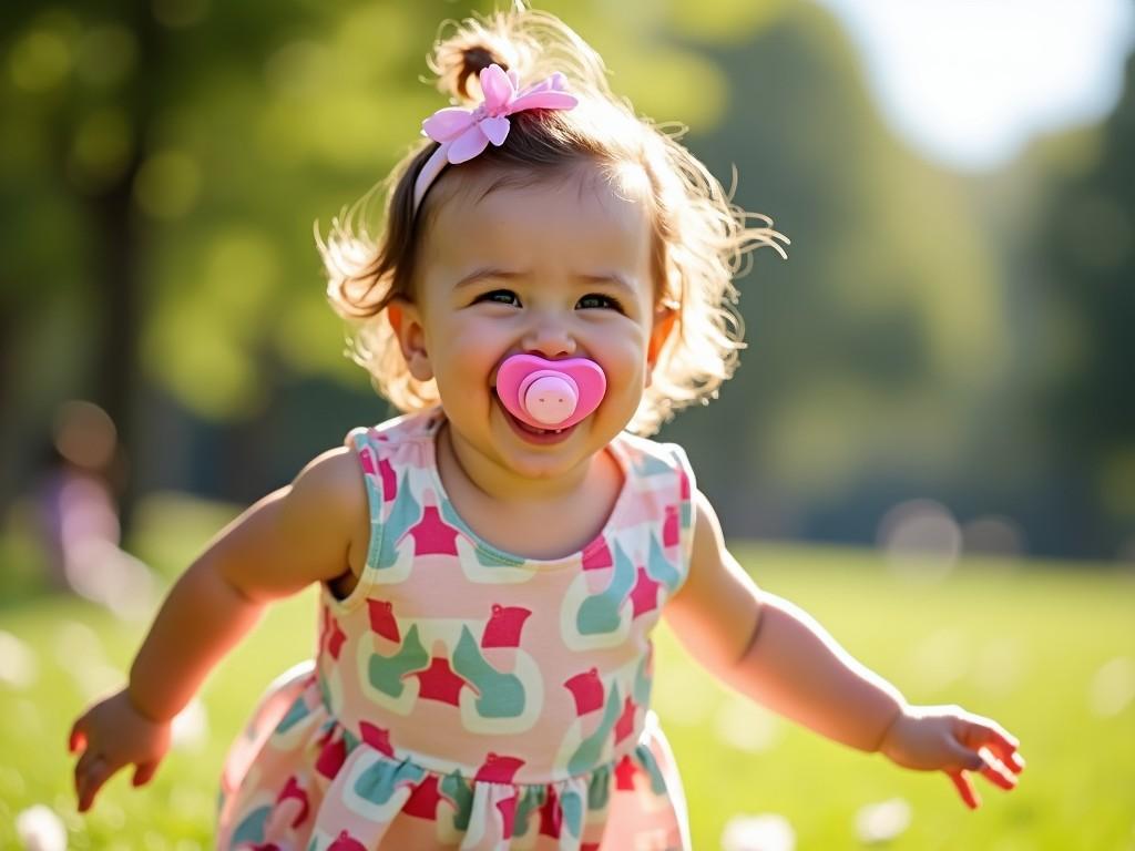 This image features a joyful toddler girl wearing a colorful dress with a playful design. She has a pink pacifier in her mouth and is running across grassy terrain. The soft sun illuminates her curly hair, making her smile radiate with happiness. The background is filled with green trees, suggesting a vibrant outdoor setting. This candid shot captures the essence of childhood and the carefree moments spent outdoors.