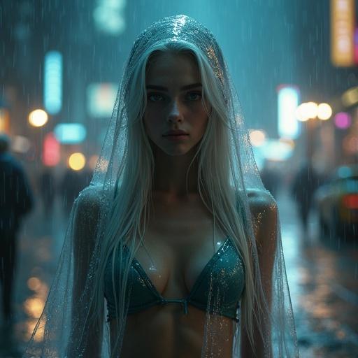 A beautiful elf with silver blonde hair in a fantasy cityscape. The elf stands with her front toward the camera. She wears a clear transparent raincoat. It is a rainy night scene with cinematic lighting and vivid colors. The setting has intricate details. The perspective is low, emphasizing the urban background.