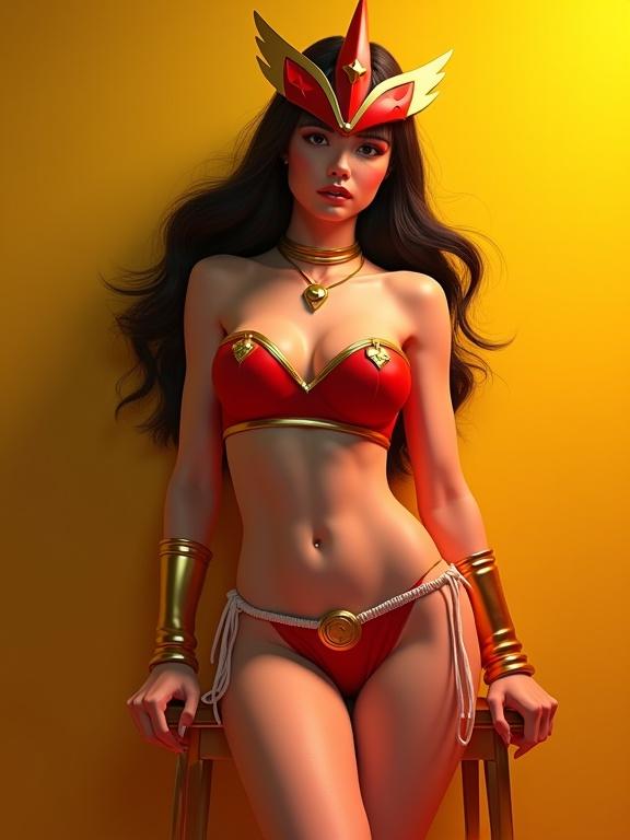 Cosplaying as Darna in a red bikini costume. Model poses for a magazine cover. Strong red light source is from the left. Long hair blown by wind. Yellow background with stand fans. Model has a confident stance, sitting on a stool with halo-halo dessert. Aimed for a glossy fashion photo shoot style. Room for text in layout.