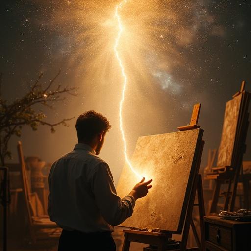 Artist in studio with brushes and canvases. Looking through skylight. Cosmic wind and golden light particles descend. Hands glow with energy. Ray of light illuminates dust in the air. Moment of divine inspiration turns into earthly art. Mix of realism and ethereal fantasy.