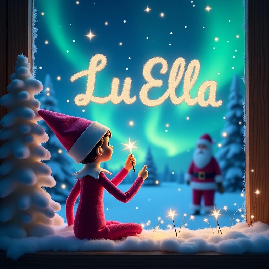 Elf on the shelf writing name in the sky. This image features elf with back to viewer facing winter night sky. Elf in pink outfit uses wand to write names 'LuElla' among twinkling stars. Background showcases breathtaking northern lights. Snow-covered trees surround elf. Silhouette of Santa seen in distance.