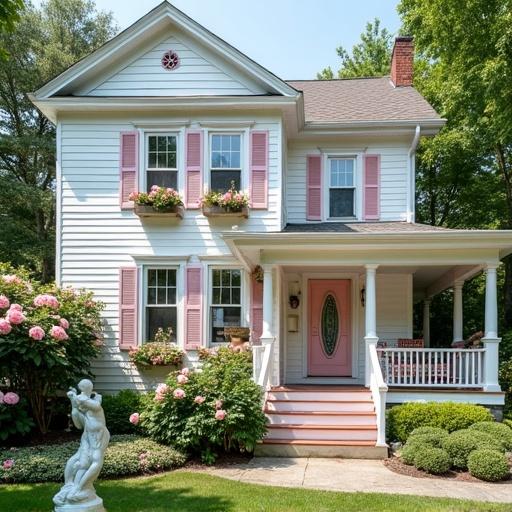 A beautiful white Queen Anne house with light pink shutters and flower boxes filled with light pink roses. A door in light pink with an oval window is prominent. Light pink rose bushes and a white cherub fountain complement the scene. Light pink hydrangea bushes add color. The right side features a wrap-around porch with a pink swing. The image captures a bright sunny day with light streaming through the house.