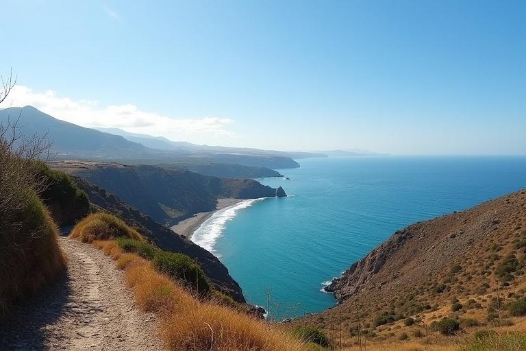 Landscape photo showcasing the coastal scenery of the Canarias island. Includes a winding path and mountains in the background. Clear blue waters of the Atlantic ocean. A bright sunny day with minimal clouds.