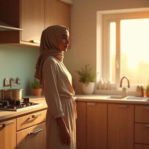 A realistic setting. A woman stands in a modern kitchen. She looks confused about breakfast. Warm sunlight filters through the window. The kitchen appears clean and vivid. The woman wears fashionable, modest clothing with a headscarf. Authentic emotions and body language are present. 