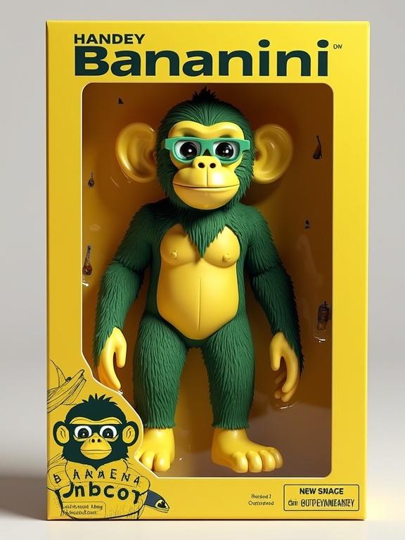 Full-body collectible figure of Chimpanzini Bananini in a high-quality blister pack. Top center title reads: 'Italian brainrot'. Figure shows a half-banana, half-green monkey with glowing eyes. Accessories include Banana Crown, Watch Sunglasses, Palm Leaf Shoes, and a Banana Peel Backpack. Packaging design reflects a realistic style with engaging visual elements. Label reads 'Coco brand' in the bottom-left corner. Top-right corner indicates ages 12+. Rendered in realistic 3D toy style with studio lighting.