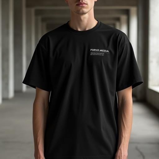 A model wears a black streetwear t-shirt. The t-shirt has a small white label on the upper left chest. The model stands in a concrete industrial space. The design is minimalist with structured typography. The scene reflects a blend of fashion and modern design.