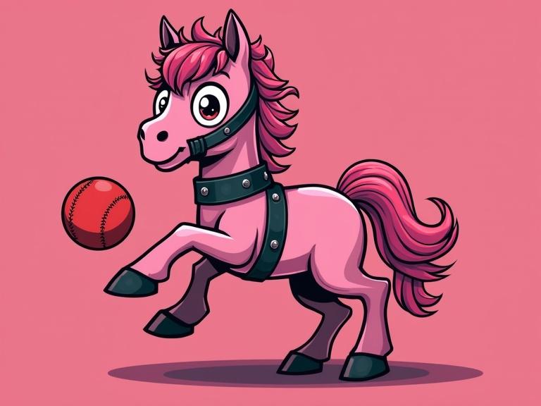 A playful pink pony running while playing with a ball. The pony wears a black leather harness and a ball gag. The design uses bold vector art style with crisp outlines and bright colors. The background is pink.