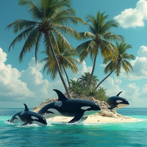 Surrealist image of a paradise island featuring large coconut trees. Turquoise waters and white sand beaches visible. Group of orcas tearing apart something in the water.