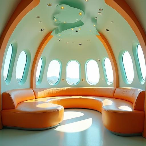 1960s-style rocket ship lounge with curved seating and bubble windows. Digital illustration in retro-futurist atomic age style featuring soft studio lighting. The colors are mint, orange, and silver. The interior design showcases a futuristic aesthetic.