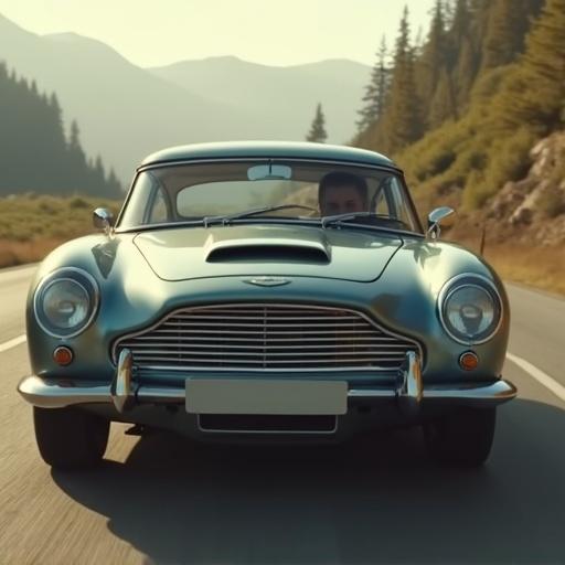 Car drives on a winding road through mountains. Aston Martin appears in focus. Scenic backdrop with trees and mountains. Clear sky enhances the atmosphere.