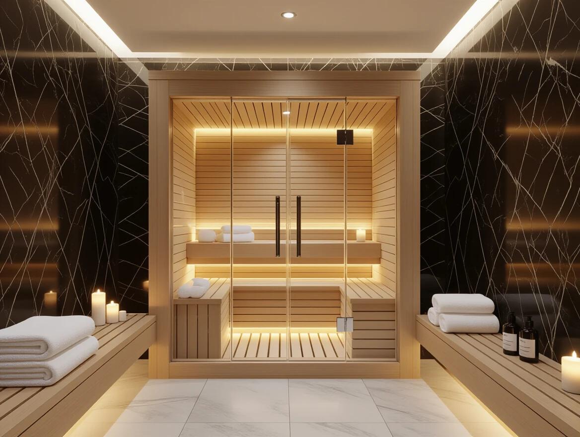 Elegant modern spa interior features a luxurious wooden steam sauna. Camera captures full glass sauna door with warm wooden interior. Soft ambient LED lighting illuminates wooden slats. Neatly stacked white towels and candles arranged on wooden shelves. Dark marble walls with white veining create a chic backdrop. Natural stone tiles on the floor. Soft steam rises in the warm air. Subtle reflections appear on the glass door. Calm and relaxing atmosphere promotes wellness. Photorealistic cinematic lighting enhances the scene. No people present, focus on high-end interior design.