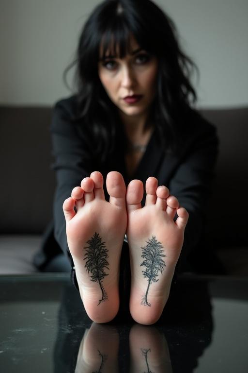 Image shows mature goth woman with long black hair. She shows tattooed soles of her feet. Dark goth clothes are worn. Sitting on couch feet on glass table.