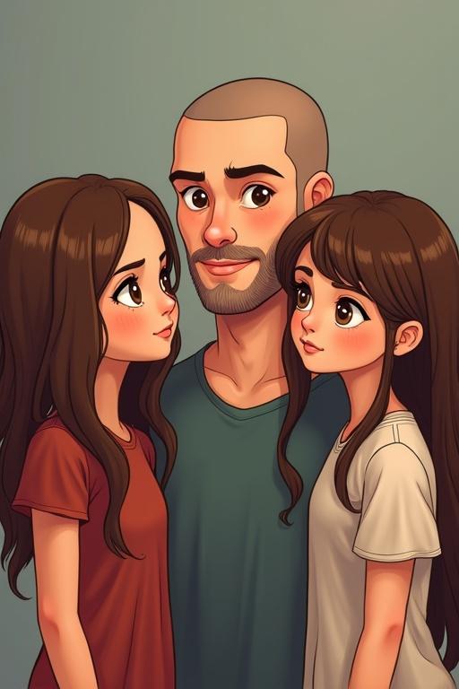 Image features two sisters with long brown hair and brown eyes standing beside a shaved-headed man. Captured in a realistic cartoon style.