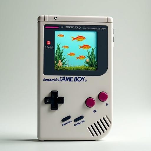 A Game Boy featuring an aquarium on the screen with golden fish swimming. Captured in hyper-realistic style. Soft lighting enhances the product. Neutral background emphasizes the device. Presented in a front view.