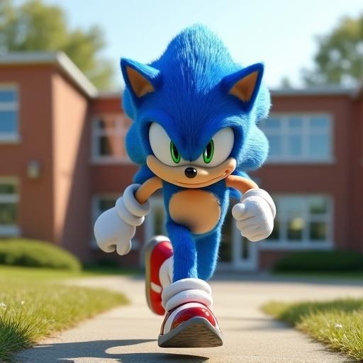 Sonic the Hedgehog in motion. Character dashes energetically in front of a school building. Bright colors and appealing design. Grass and trees create a lively setting.
