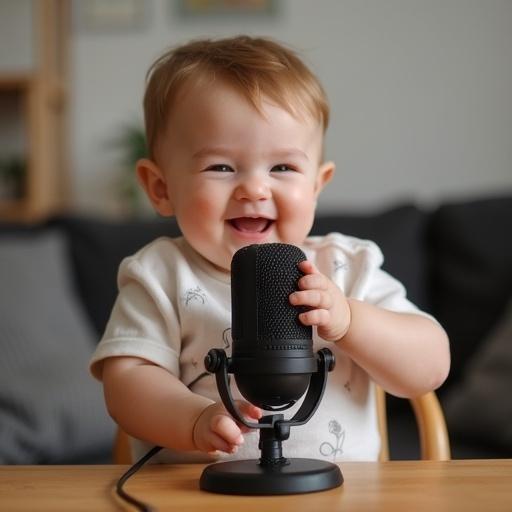 Cute baby with microphone smiling. Baby is sitting at a table. Podcast theme is evident. Natural light creates a warm atmosphere. Baby shows excitement and joy.
