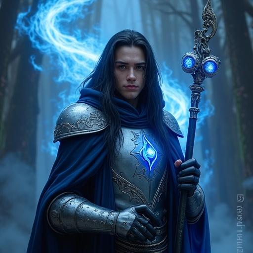 A young man with long black hair. Calm determined eyes. Wears Guardia Blue light armor with blue flames. Navy cloak covers shoulders. Holds Rumble Flare staff with blue orbs. Background is a dark forest with blue flames spiraling upwards.