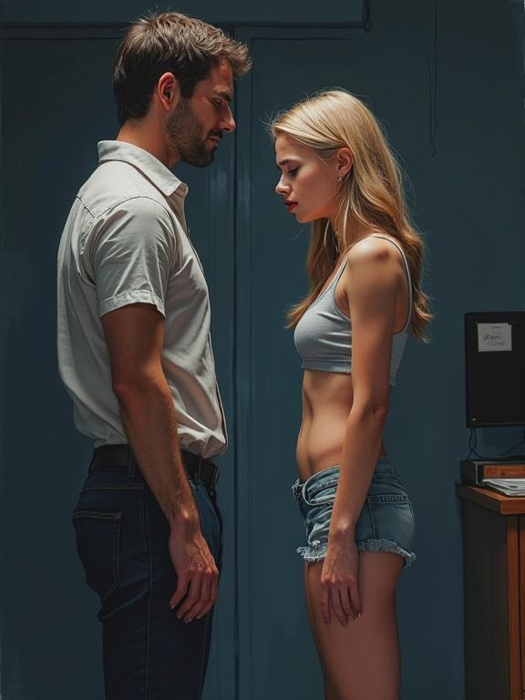 Romantic scene in dark school office. Two characters in close proximity. A young woman with long blonde hair visibly upset. A middle-aged man stands nearby. Wong colors enhance emotional tension.