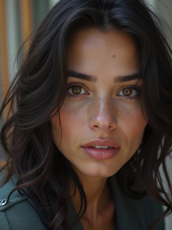 A close-up portrait of a woman with expressive eyes and soft features. She has long dark hair and a light smile, showcasing natural skin with freckles. The background is softly blurred.