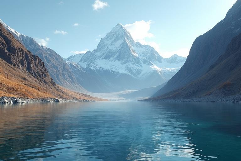 Hyper-realistic cinematic view from surface of wide river with blending water colors. Close camera position near water level shows textural details and reflections. Towering snow-capped mountains dominate foreground. Central peak features rugged edges and visible snow. Bright daylight reveals textures in rock and snow, creating an enclosed valley feel.