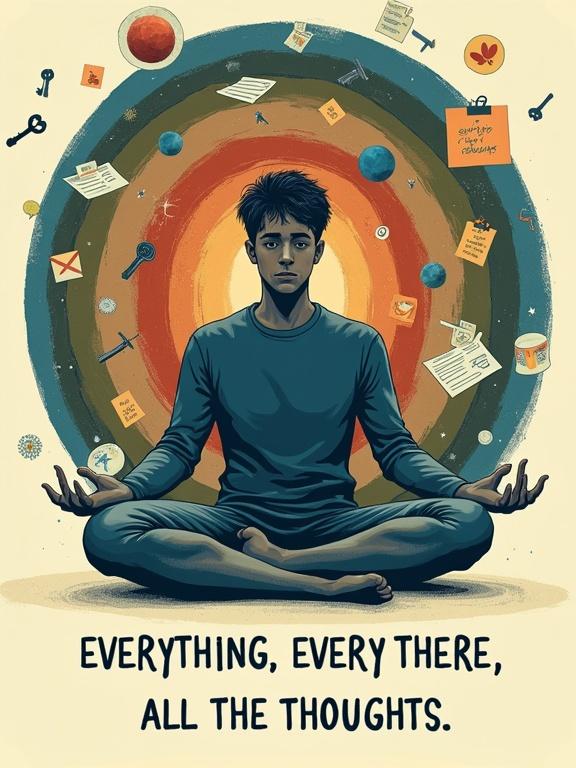 A surreal vector-style illustration of a solitary adult seated in lotus pose. Figure appears calm but has wide tense eyes. Surrounding are concentric rings filled with keys, post-its, planets, receipts, unfinished messages, and a rabbit. Colors are muted jewel tones like indigo, rust, and olive. Below the figure is text in typewritten font: 'EVERYTHING. EVERYWHERE. ALL THE THOUGHTS.'