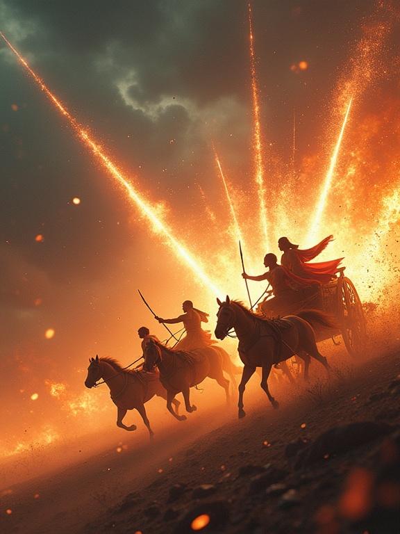 Arjuna rides with fire arrows. Karna counters with silver arrows. Arrows clash in mid-air. Chariots circle with horses rearing. Energy beams rain from the sky. Massive storm brews overhead. Shockwaves erupt with every strike. Mythological elements blend with sci-fi.