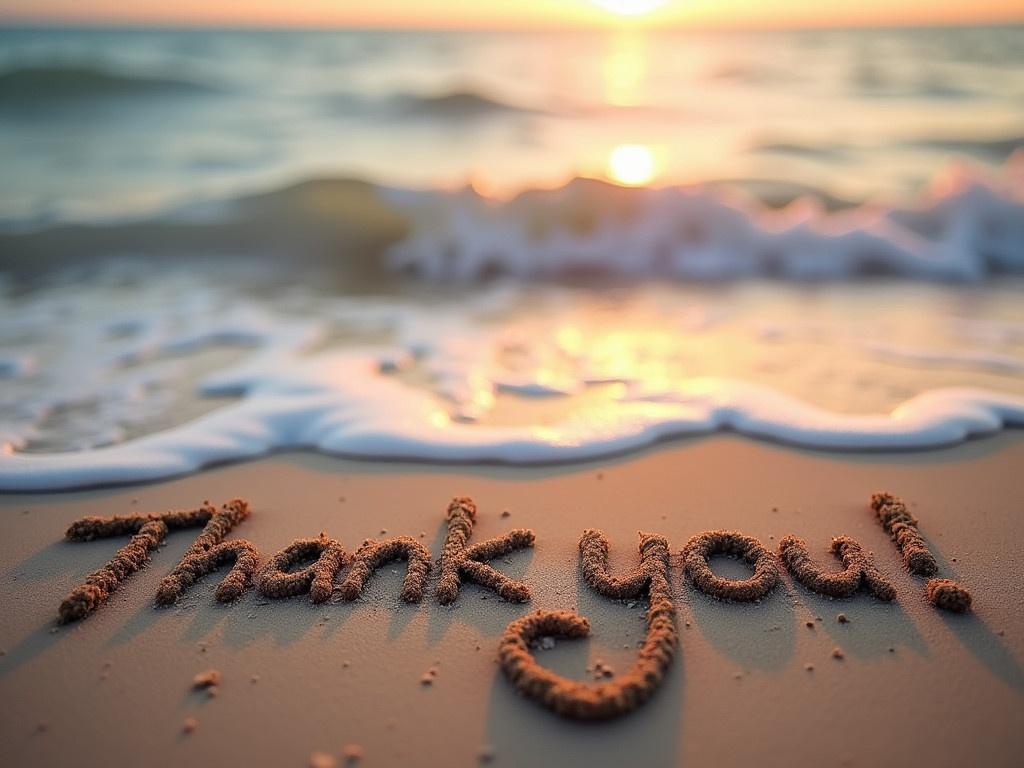 A cozy and romantic scene at the beach features a gentle wave lapping at the shore. In the soft sand, the phrase "Thank you!" is carefully carved, its letters slightly adorned by small grains and a hint of the ocean's touch. The background showcases a serene sea, reflecting the warm hues of a setting sun. The overall atmosphere is peaceful and inviting, perfect for expressing gratitude. The combination of the handwritten message and the natural beauty around it creates an intimate moment.