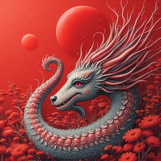 Ball point art style illustrates a mythical dragon creature. Bright-red and silver color palette dominates the scene. Creature features long, flowing hair and intricate patterns on its body. Surrounded by floral elements and circular shapes. Background showcases a surreal landscape.