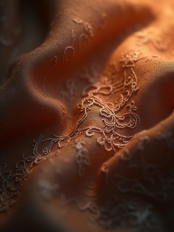 Soft focus close-up showcasing intricate lace details on luxurious silk. Elegant shadow play under warm, inviting light. Subtle integration of the text 'kirashop.com.ua' into the background pattern or as a soft glow.