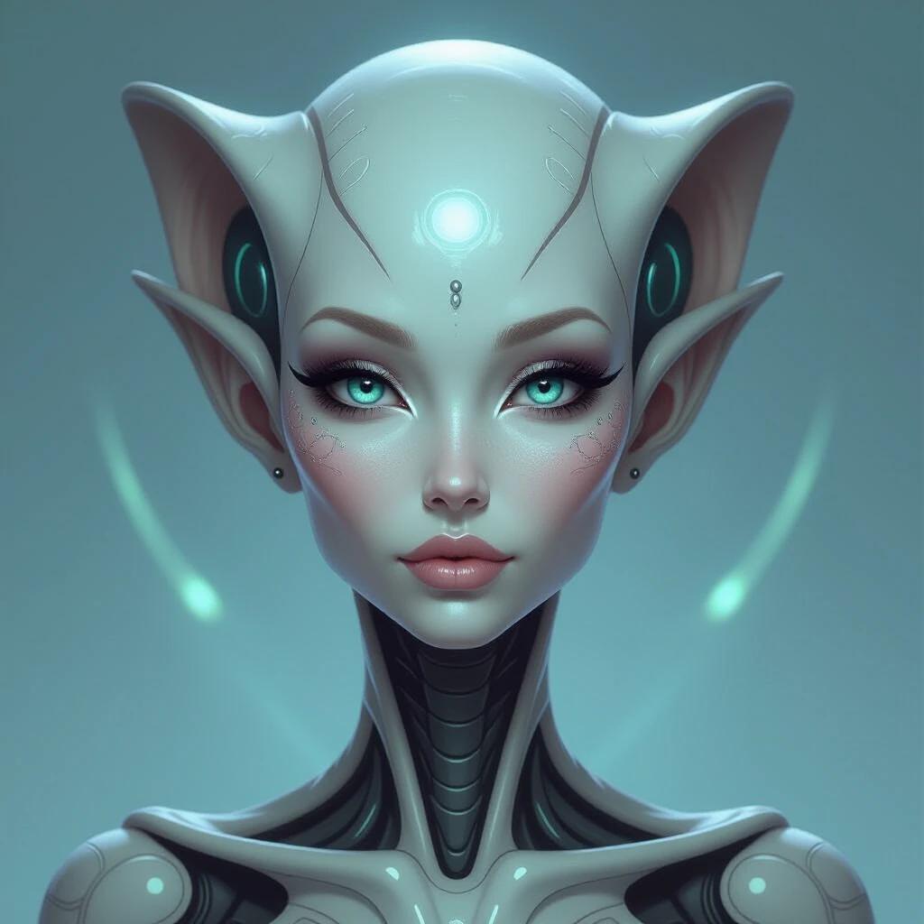 A humanoid alien with beautiful features. Character has a smooth silver skin, large eyes with a mesmerizing blue hue, and elegant facial structure. The design combines human and alien traits, showcasing advanced technology in its appearance.