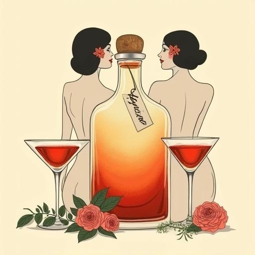 Minimalist screen printing artwork featuring two flapper girls with flower tucked behind ear holding cocktail liqueur glass. Apothecary bottle filled with glowing elixir nearby. Cork lid on bottle with hang tag named 'ALFRUNO'. Two cocktail glasses on either side. Roses and herbs around bottle. Set against beige background. Mysterious elegant mood.