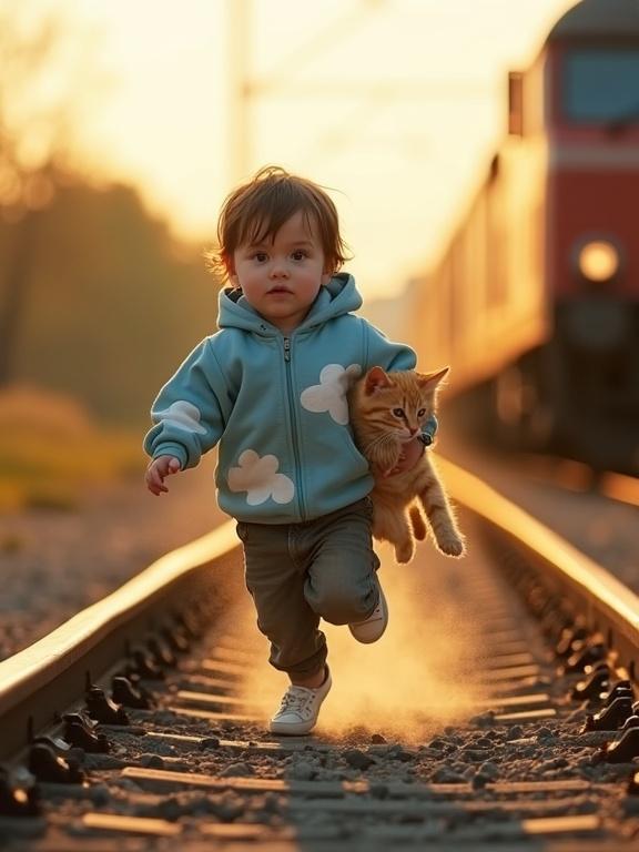 A countryside railway scene at golden hour. A baby boy wears a sky-blue hoodie with cloud patches. He runs while carrying an orange kitten. A large train speeds by in the background. Dust rises from the ground creating tension and relief with a semi-realistic style.