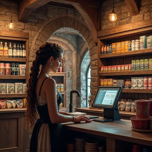 Image of a medieval-style convenience store interior. A beautiful female shopkeeper in a corset dress and apron stands behind a modern electronic checkout counter. She has long braided hair. The store features stone walls and wooden shelves filled with modern items like bottled drinks, cup noodles, chips, magazines, and canned food. The setting is illuminated by candlelight and magical orbs with enchanted signs written in runes. The environment blends medieval fantasy with one modern element.
