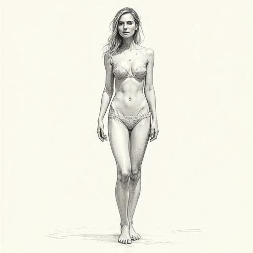 A sketch of a female body representation in full view. The figure is wearing lingerie. Sketch style emphasizes the body's shapes and details. Frontal perspective. Light background.