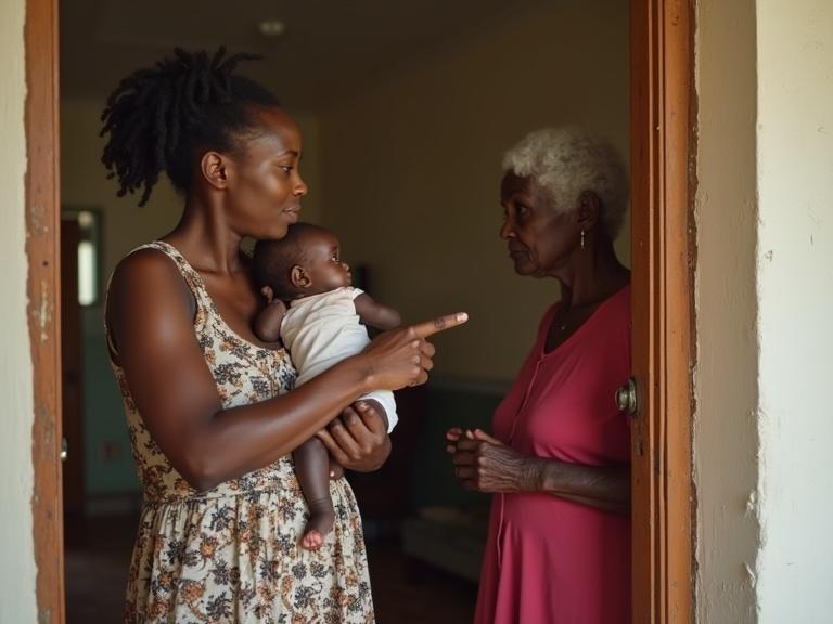 Image depicts interaction between two women. One woman holds a baby and points at the door. The other elderly woman looks on. Scene takes place in a home environment.