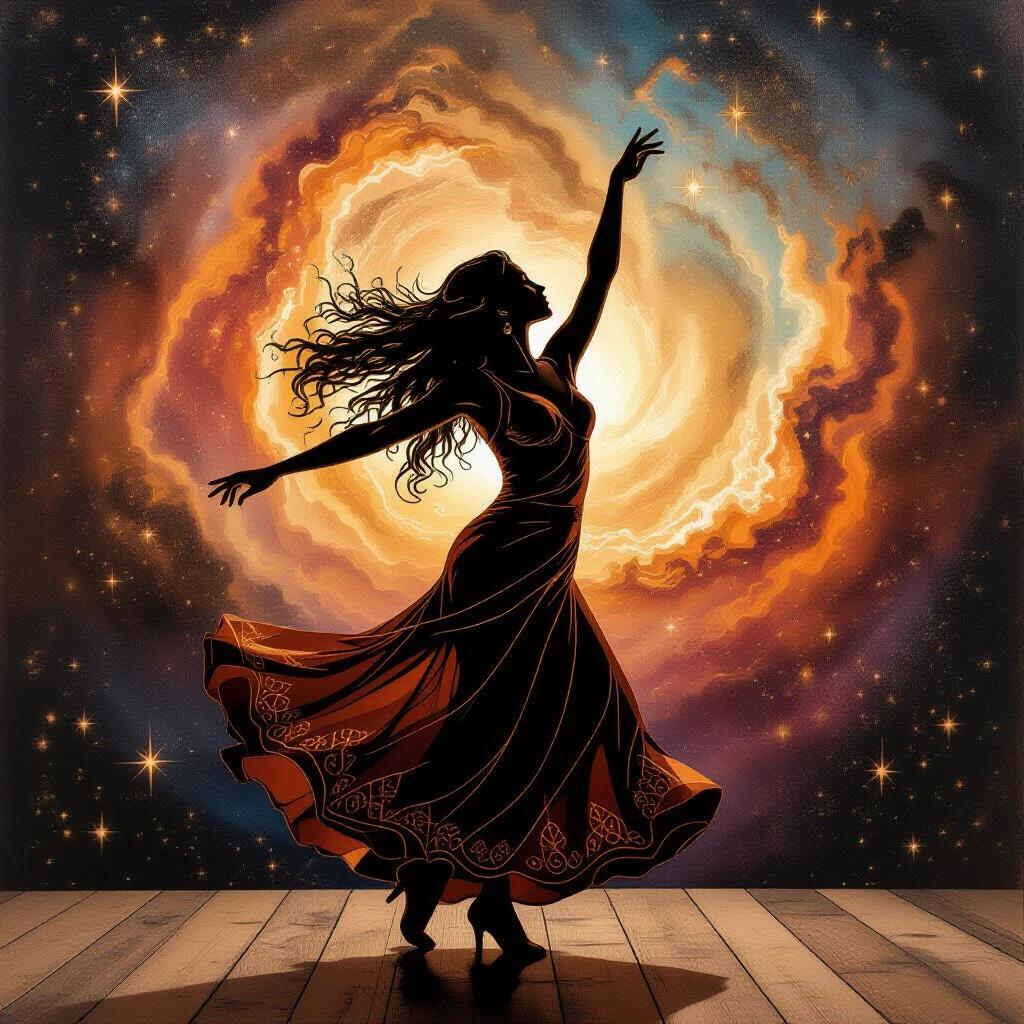 Silhouette of a woman dancing elegantly. Background features a colorful nebula. Art style is pyrography which burns designs into wood.